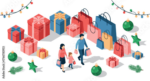 Family shopping for the holiday season in isometric style with gift boxes and decorations