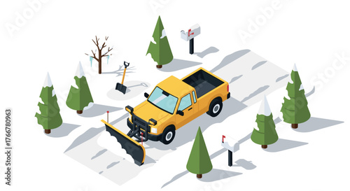 Isometric truck plowing snow in winter forest scene with pine trees