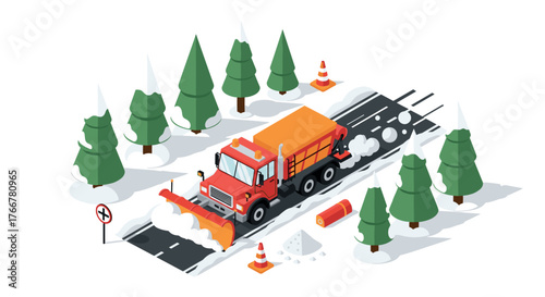 Snow plow clearing road in winter forest scene with evergreen trees