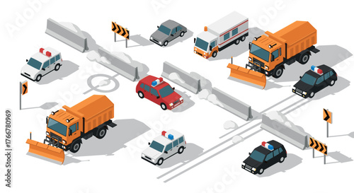 Isometric winter road scene with snow plows, cars, and traffic signs