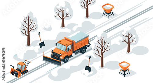 Snow clearing scene with orange truck and winter equipment on snowy road in isometric style