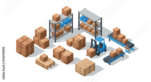 Isometric warehouse logistics with forklift and conveyor system