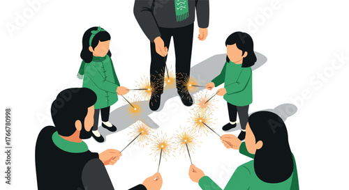 Family celebrating festive season with sparklers in winter clothing