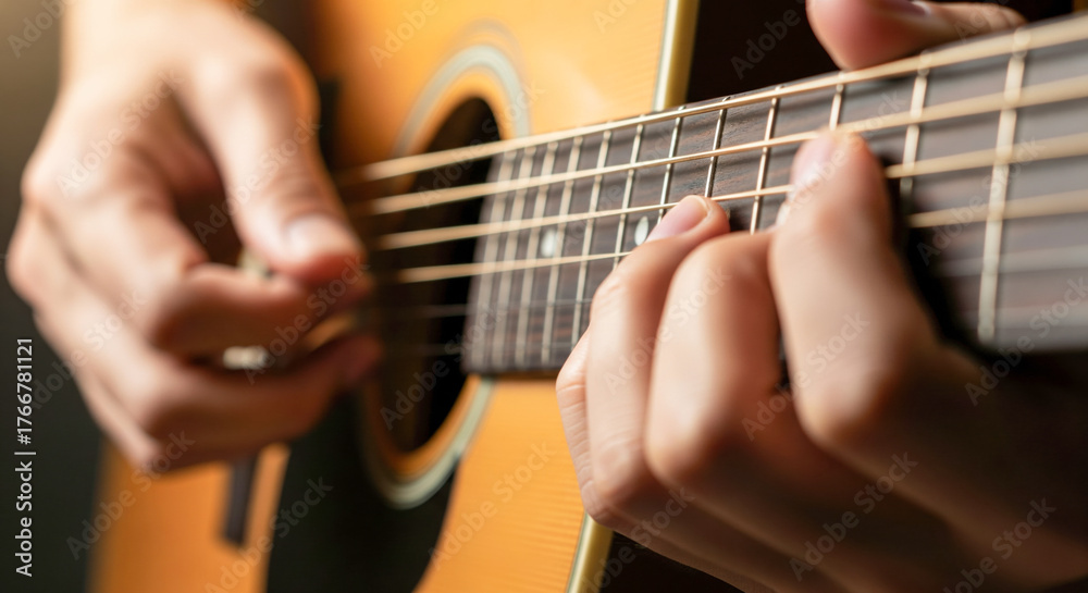 Obraz premium Asian Hands Playing Guitar Action Music Instrument Hobby Acoustic Strumming Performance Close Up