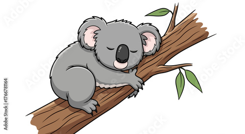Cute cartoon koala sleeping peacefully on tree branch