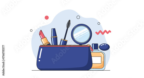 An assortment of beauty and makeup products including lipstick, mascara, a mirror, and perfume, neatly displayed in a blue cosmetic bag.