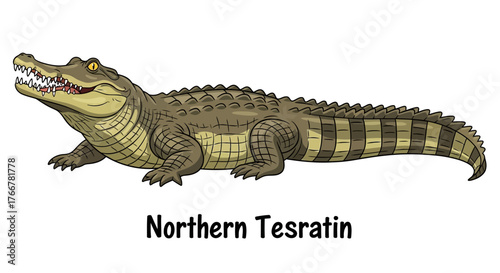 Northern Tesratin Illustration: A detailed illustration of a Northern Tesratin, with focus on sharp teeth, strong body, and distinctive scaly pattern. 