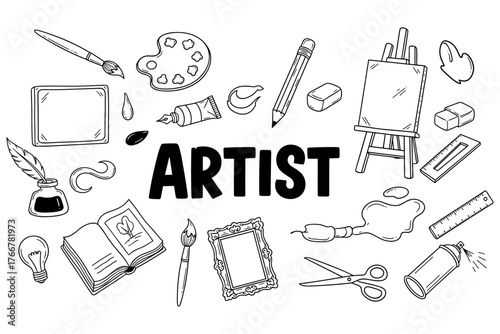 Creative art tools and supplies collection with easel and paintbrushes illustration
