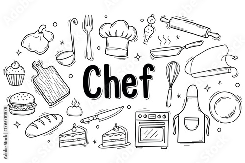Hand-drawn chef-themed doodles: kitchen utensils, food, and cooking elements