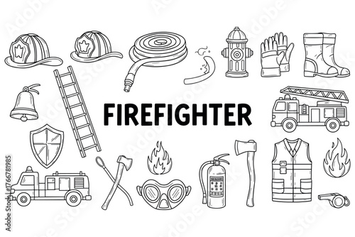 Firefighter equipment and tools outline illustration with fire engine