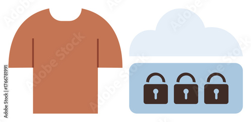 Brown shirt next to a cloud with three locks, symbolizing online security, e-commerce protection, and data safety. Ideal for technology, cybersecurity, privacy, retail, online shopping protected