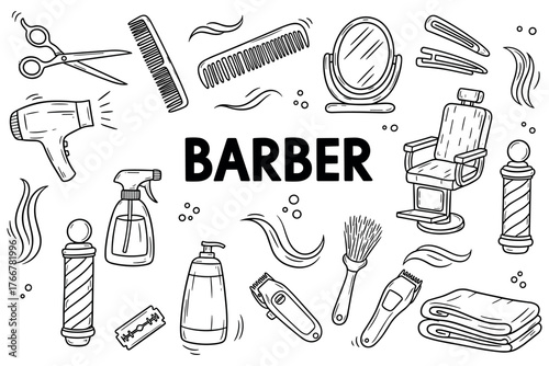 Barber shop essentials: scissors, comb, chair, hairdryer, mirror, clippers, lotion, towel, razor