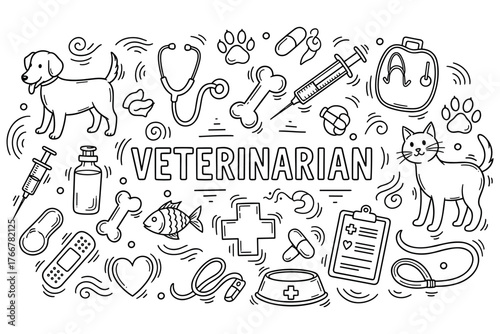 Veterinarian tools and animals doodle: dog, cat, medical supplies, and equipment