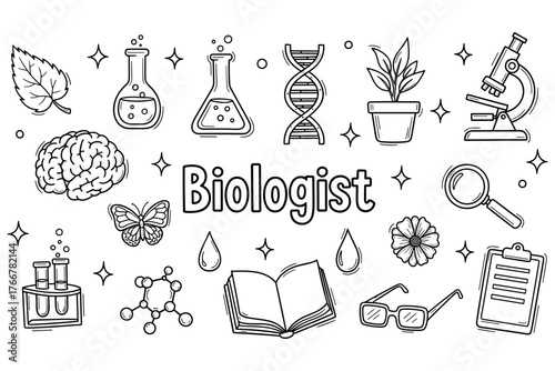 Biologist essentials: dna, microscope, lab equipment, and nature symbols