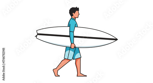 Man in blue rash guard and swim trunks walks with surfboard under his arm