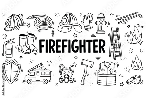 Firefighter equipment icons: helmets, hoses, hydrants, extinguishers, axes