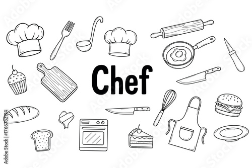 Chef themed doodle set with cooking utensils and food items