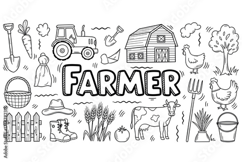Black and white farm elements: tractor, barn, animals, and tools