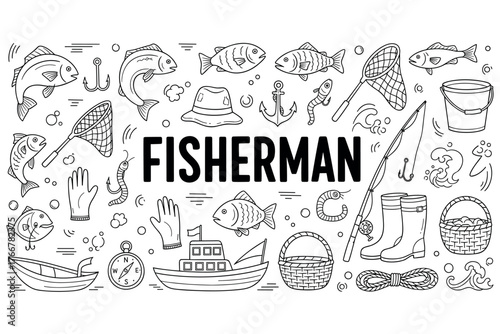 Fisherman essentials: hooks, boots, fishing rods, fish icons, and nautical tools
