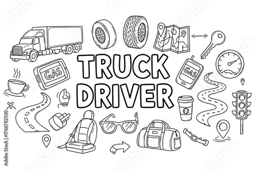Truck driver symbols: transportation, navigation, and travel icons in black and white