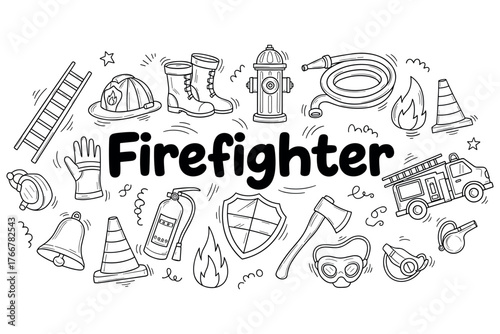 Firefighter equipment doodle: tools and icons of firefighting