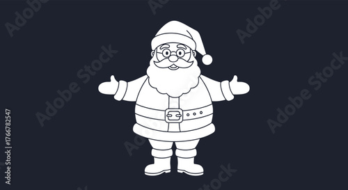 Cheerful Santa Claus line art illustration, standing front-facing with open arms, ready to spread holiday joy.