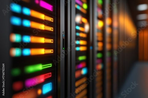 A colorful array of illuminated server panels in a data center, showcasing modern technology and digital infrastructure.