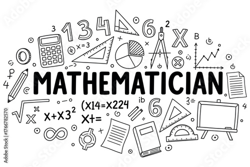 Mathematician concept with math symbols, formulas, and tools in black and white design