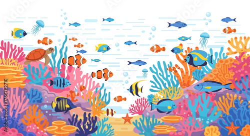 Vibrant underwater scene teeming with diverse marine life, including colorful coral reefs, various fish species like clownfish and angelfish, jellyfish, and sea turtle