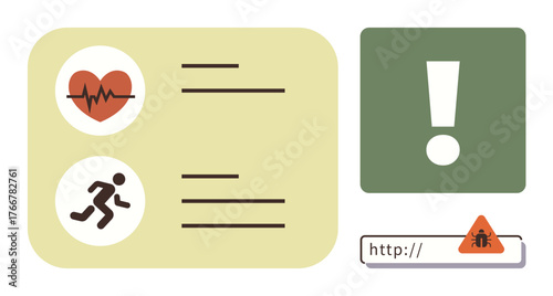 Heartbeat and exercise data icons highlight health tracking, combined with an exclamation mark and malware warning in URL box. Ideal for health tech, fitness, online safety, medical alerts, risk