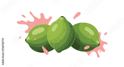 Vibrant green limes with pink juice splashes on a white background, perfect for summer themes.