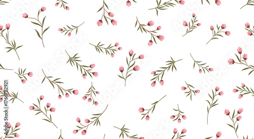 Seamless pattern with delicate pink flower buds and green stems on a white background, perfect for spring and summer designs.