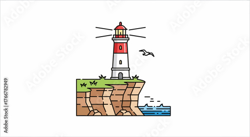 Lighthouse on cliff overlooking the sea with seagull flying nearby