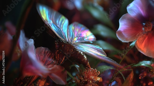 Ethereal butterfly on dewy blooms at dusk. AI image