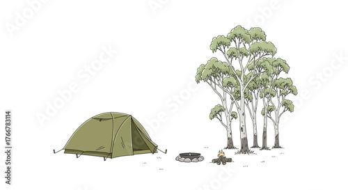 Green tent is pitched next to campfire and eucalyptus trees in natural landscape