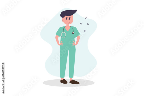 Flat-style vector illustration of a smiling medical worker wearing scrubs and stethoscope.Perfect for healthcare,hospital,doctor,nurse,clinic and emergency design projects.