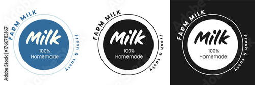 Three logos representing a milk brand emphasize fresh and tasty homemade qualities. Each design reflects a commitment to organic farming and environmental conservation.
