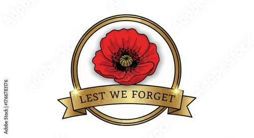 Red poppy with the words lest we forget on banner, symbolizing remembrance and sacrifice