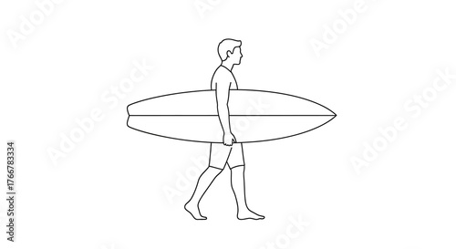 Line drawing man walking with surfboard under his arm