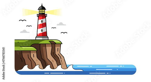 Tall, red and striped lighthouse standing on cliff edge, guiding ships with its bright beam, overlooking turbulent sea with waves crashing against the rocks