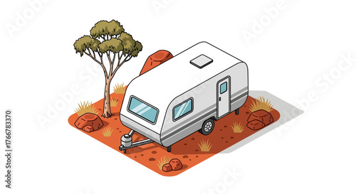 Caravan trailer parked in dry, arid landscape with sparse vegetation, rocks, and lone acacia tree, representing travel, camping, and adventure in the outback