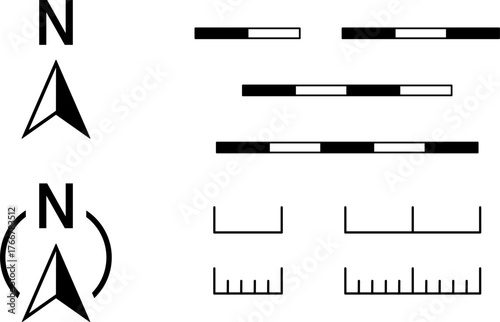 Basic Black Round North Mark Arrow Sign Symbol in Circle and Scale Icon and Linear or Bar Scale Cartography Set for Map or Site Plan Orientation. Vector Image.