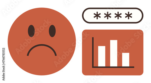 Sad face emoticon beside password entry field and decreasing bar chart. Ideal for cybersecurity, data loss, decline, failure, frustration, protection issues, simple flat metaphor