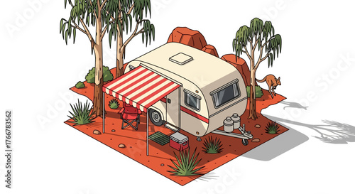 Isometric vintage caravan parked in the australian outback, surrounded by eucalyptus trees, rocks, and kangaroo, with red and striped awning extended