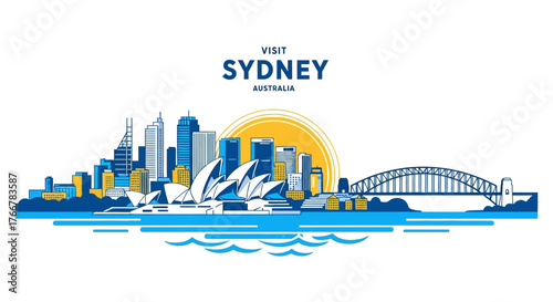 Vibrant the sydney skyline, featuring iconic landmarks like the opera house and harbour bridge, set against bright yellow sun and blue water, representing australias capital city