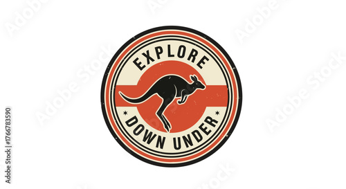Circular emblem or badge with the text explore down under and silhouette kangaroo in midleap, symbolizing australian adventure and travel