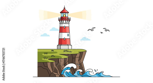 Red and striped lighthouse stands tall on grassy cliff overlooking turbulent sea with waves crashing against the rocks below, while seagulls fly in the sky