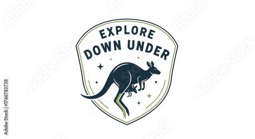 Explore down under emblem with kangaroo and joey