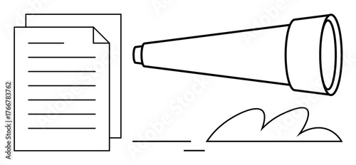 Telescope pointed at documents with focused lines and motion, signifying future goals. Ideal for strategy, exploration, planning, discovery, vision, analysis goal-setting. Simple flat metaphor