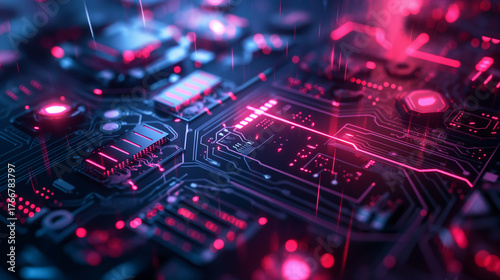 Electronic Circuit's Vivid Landscape: Dive into the intricate and electrifying world of digital technology, with a close-up view of a vibrant circuit board illuminated with glowing red and blue light.